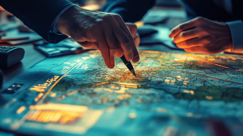 Business professionals using a pen to point at a location on a detailed map, symbolizing strategic navigation and OKR alignment for AI-driven business teams.