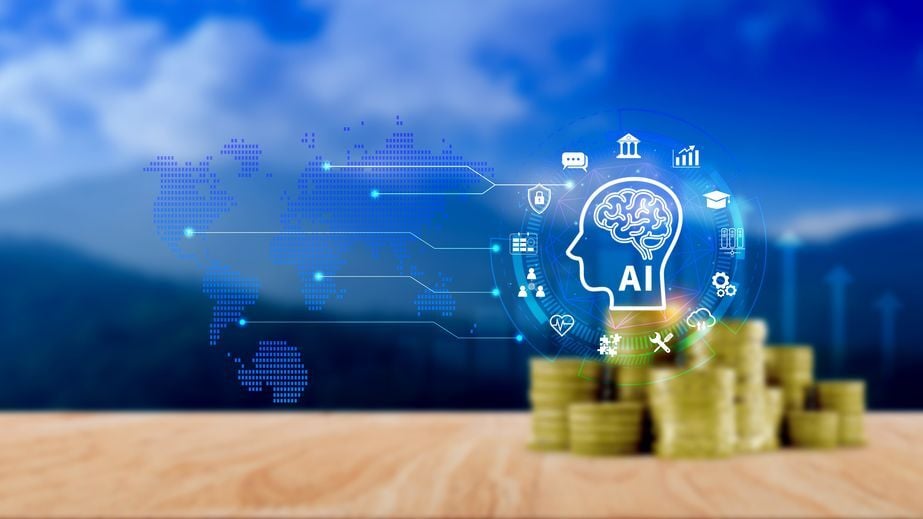 Digital AI brain icon surrounded by enterprise operational symbols and a global network beside stacks of gold coins, illustrating the economics, infrastructure costs, and ROI of enterprise AI.
