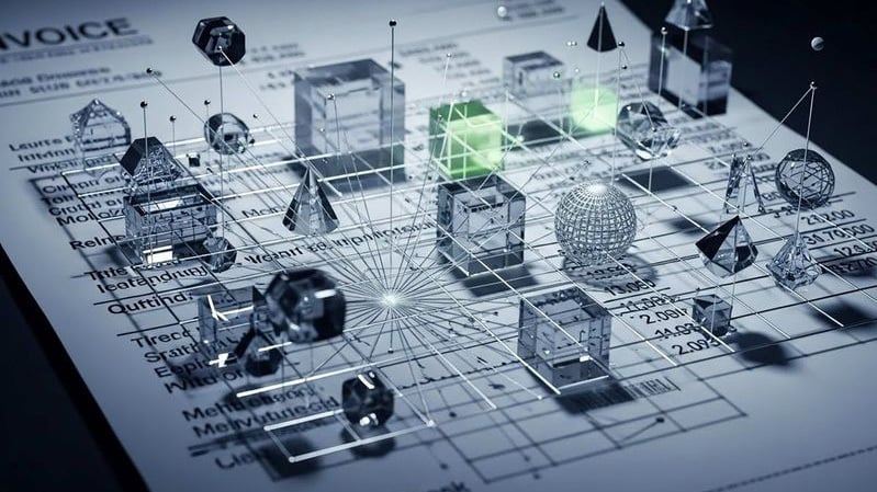 A 3D network grid with translucent geometric blocks and glowing connected nodes overlaying a paper invoice, representing the complex hidden infrastructure and compute costs underlying standard AI token bills.